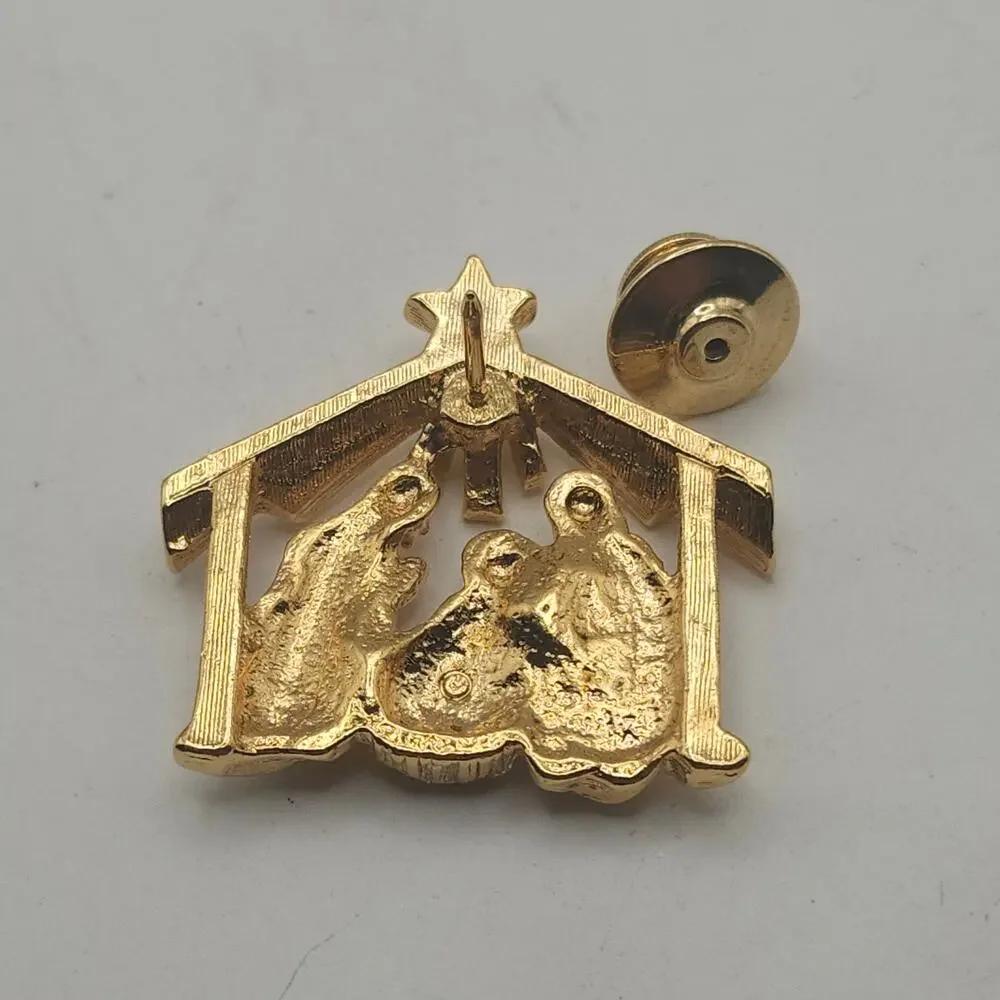 Vintage Gold Tone Nativity Manger Lapel Pin Rhinestone Star Holy Family 1980s
